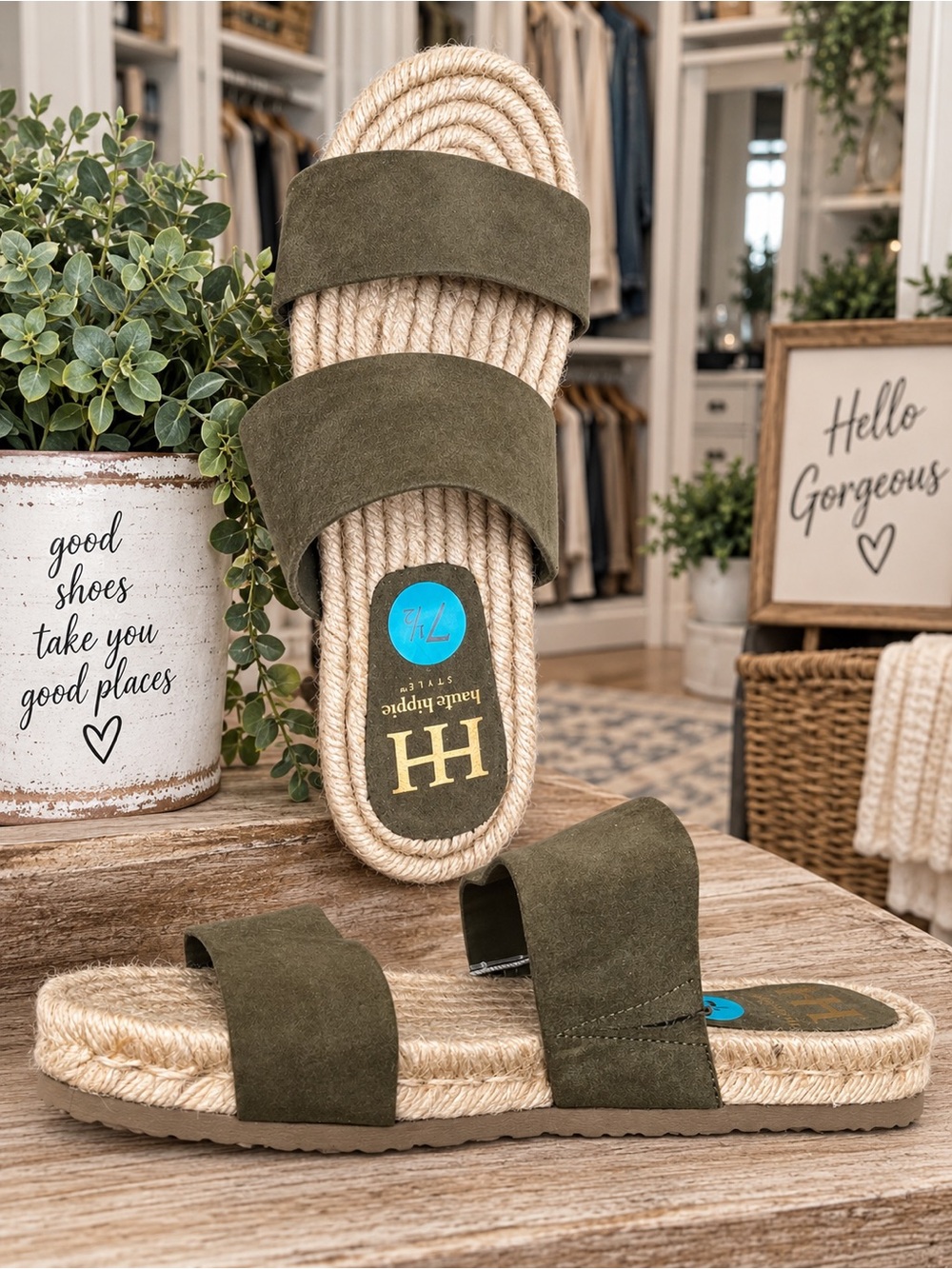 Haute Hippie Olive Green Rope Sole Slide Sandals